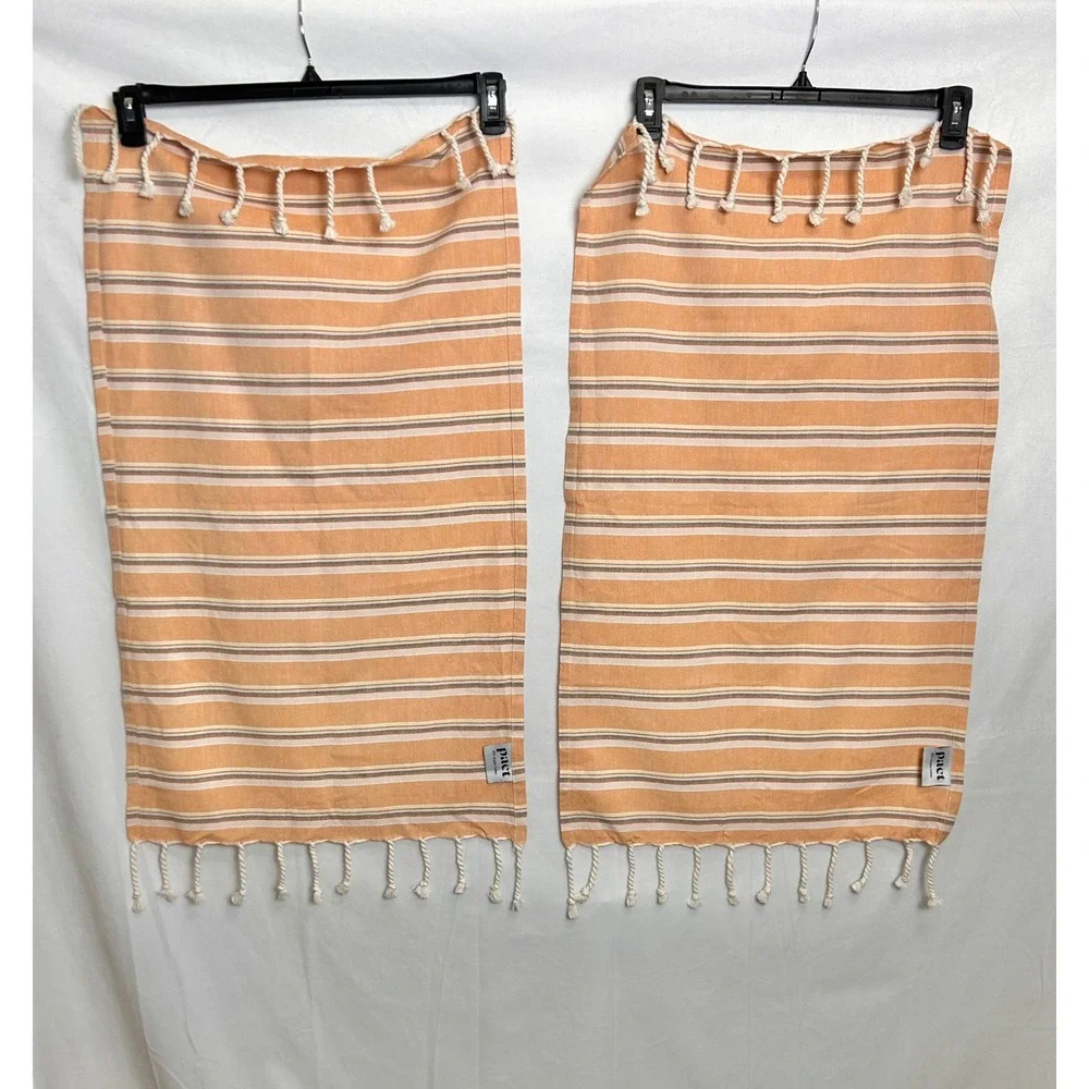 Pact Organic Cotton Hand Towels Set of 2 Orange Striped Fringe GOTS Certified